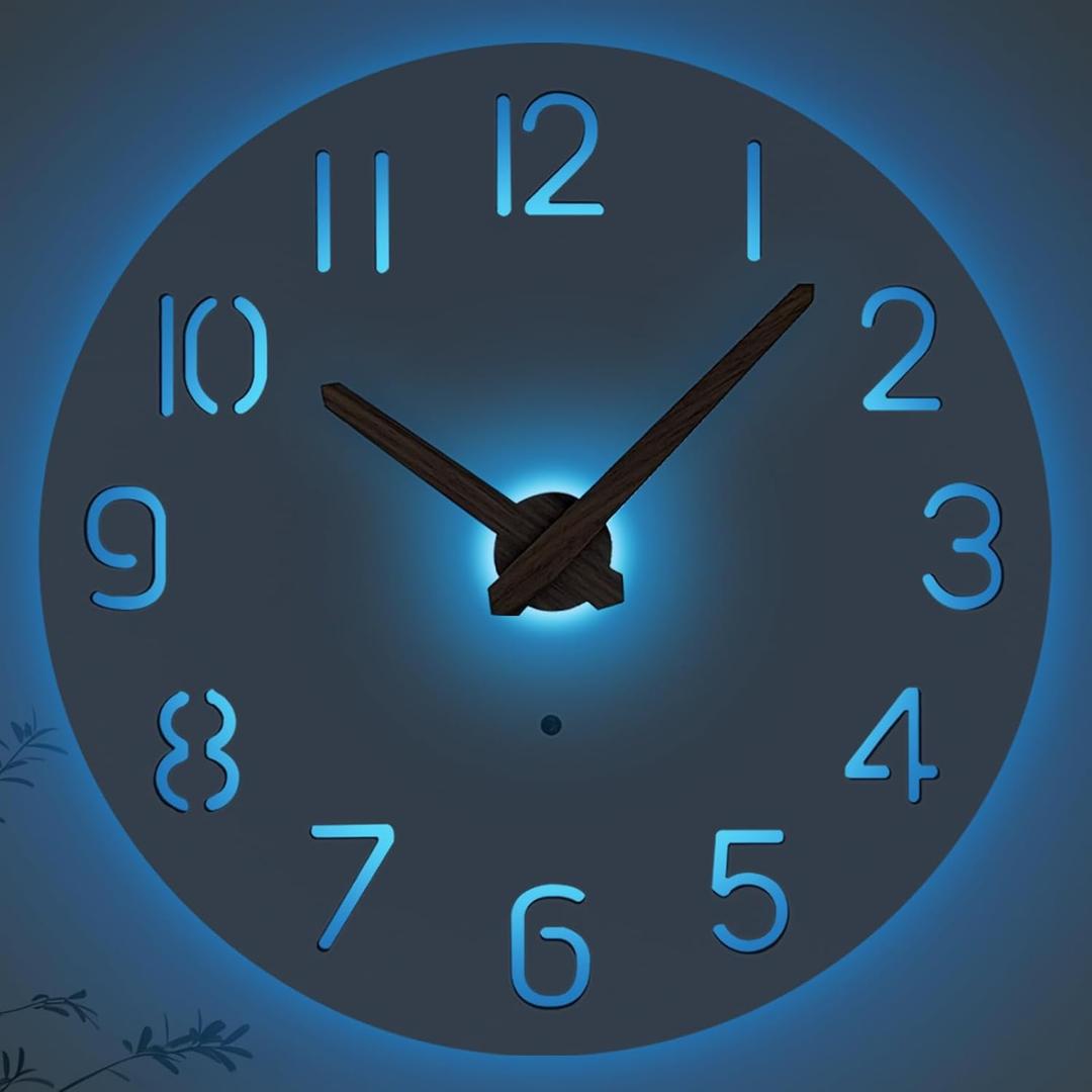 JoFomp LED Wooden Wall Clocks Battery Operated, 10 Inch Silent Wall Clock Glow in Dark, Sound Control Night Light Wall Clocks for Living Room Decor, Light Up Wall Clock for Bedroom, Hollow Design