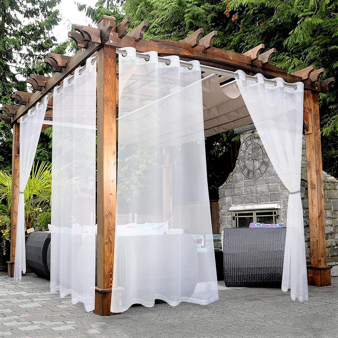 BONZER White Outdoor Sheer Curtains for Patio Waterproof - 2 Panels Grommet Indoor Voile Curtain for Living Room, Bedroom, Porch, Pergola, Cabana, 54 x 95 inch, White
