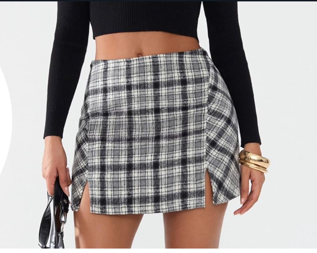 EXLURA Women's Fashion Faux Wool Mini Skirt High Waisted Y2K Trendy Side Slit Tweed Plaid Skirts 2025 Fall Winter Outfits Grey Medium