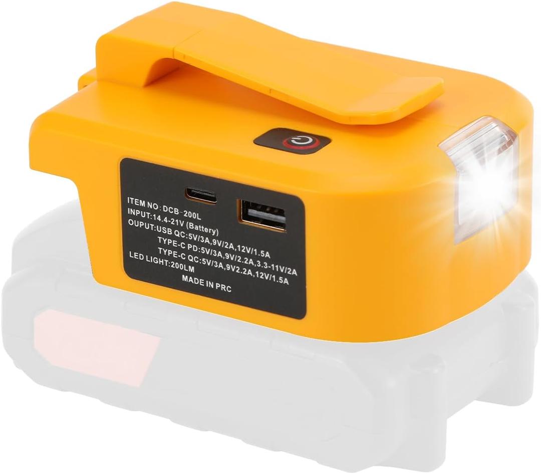 Battery USB Charger Converter for DeWalt 20V MAX Battery Generator Power Adapter with USB Charger Type C and LED Lights for Work RV Camping Travel, Adapter Only