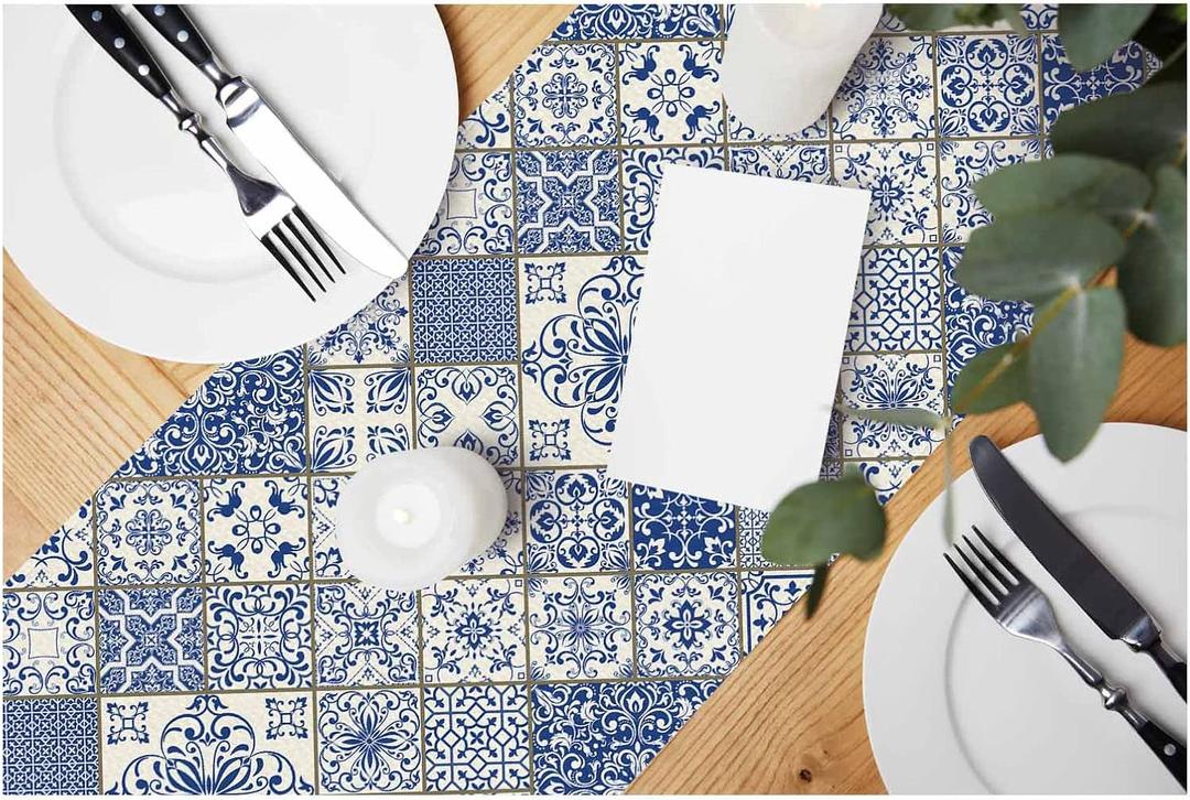 HOSNYE Table Runner Blue White Patchwork Tile in Spanish Style, Cotton Linen Table Runner Decoration for Kitchen Family Dinner Table Holiday Party Farmhouse Style 13 x 72 Inch