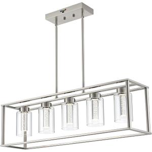 VINLUZ LED Linear Chandeliers Farmhouse Rectangle Pendant 5 Light with Clear Glass and Crystal Bulb,Black Modern Dining Room Lighting Industrial Kitchen Island Foyer Light Fixture Hanging (Brushed Nickel)