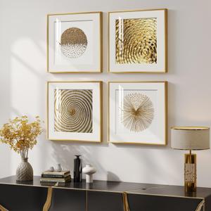 4 Pcs Framed Modern Gold and White Wall Art, Luxury Minimalist Canvas Pictures Prints, Geometric Painting Artwork Home Decoration for Hallway, Bathroom, Dining Room and Living Room