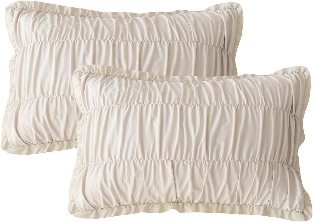 QSH Wheat Ruffled Pillow Cases Standard Size Set of 2,Shabby Boho Chic Ruched Pillow Sham Standard Ultra Soft and Luxury Microfiber Pillow Cover 20"x26" for Bedroom