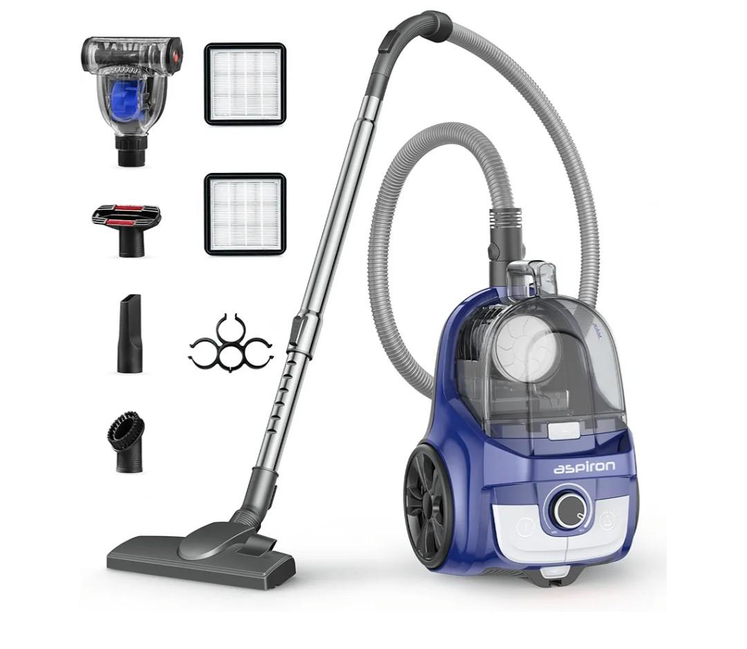 Aspiron Canister Vacuum, Upgraded 1600W Bagless Canister Vacuum Cleaner, Auto Cord Rewind, H13 HEPA Filter, 4Qt Large Capacity, 5 Tools for Hard Floors, Carpet, Pet, Upholstery, Tiles, Azure