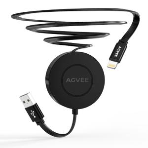 AGVEE 1.6ft Fixed / 2.3ft Extend USB-A to Lightning Charger Cable Mountable One Way Retractable 2.4A Fast Charging Cord, Pocket-Sized for iPhone 14 13 12 11 XS, Desk Organizer, Black