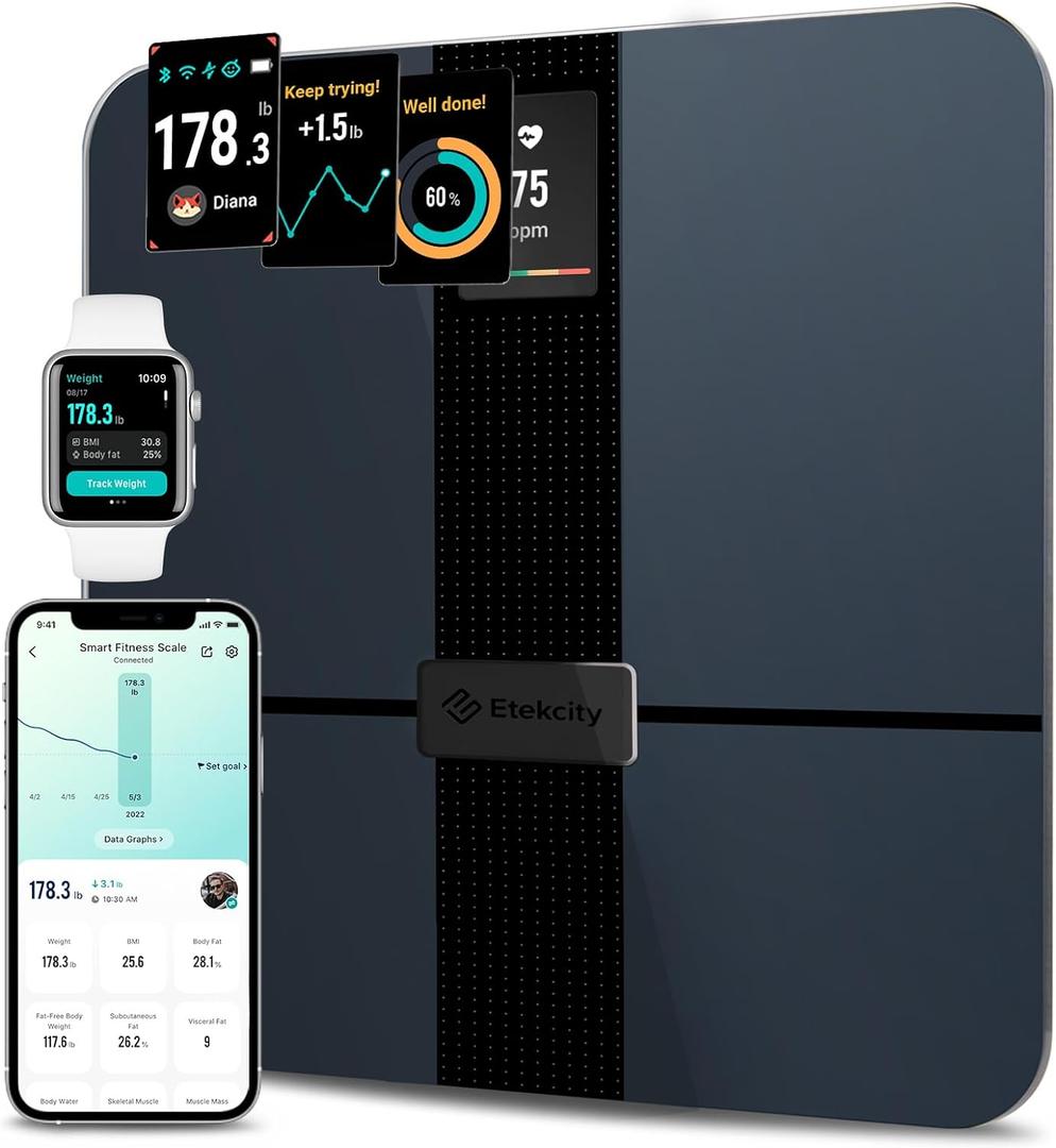 Etekcity Smart Scale for Body Weight Fat, FSA HSA Eligible, Digital Bathroom Weighing Machine for Accurate BMI Muscle Mass Composition, Home Use Apple Health Compatible Fitness Equipment (11.9 x 11.9 x 0.95 inches, Color Screen-Black)