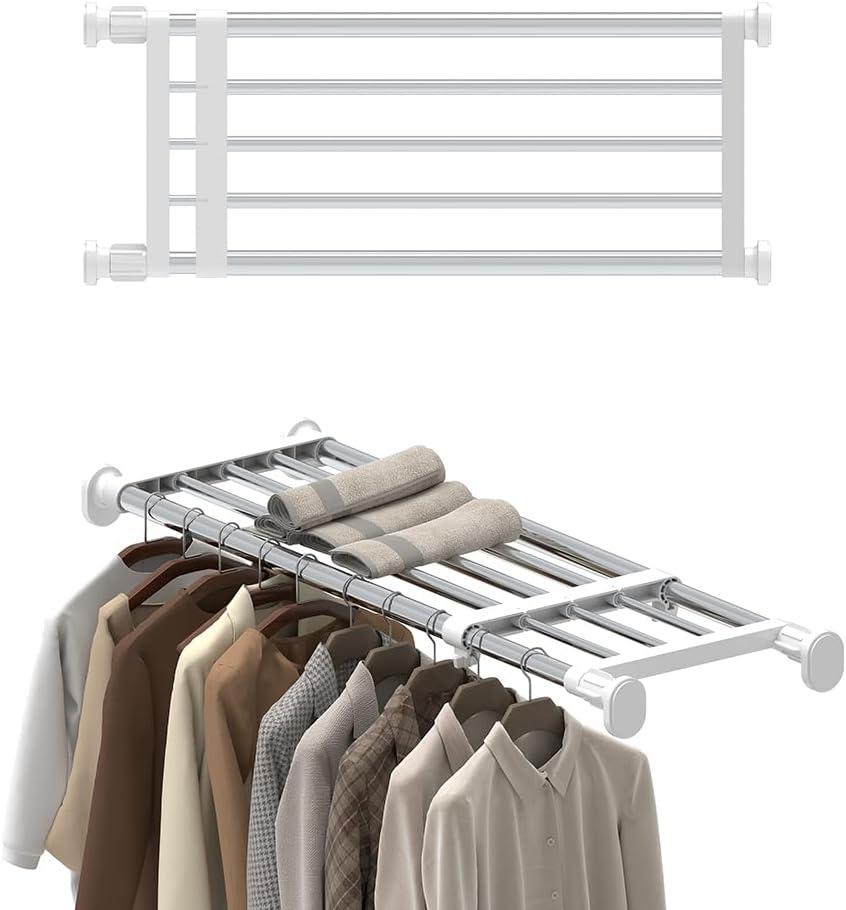 Hershii Expandable Shelf Rod Closet System 5-Bar Telescopic Heavy Duty Clothes Hanger Adjustable DIY Storage Organizer Shoe Rack (19.68 - 31.49 inches, Ivory)