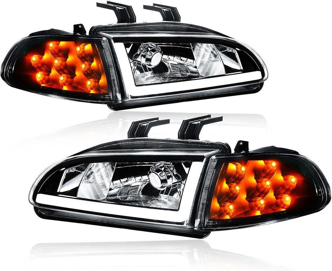 for 1992-1995 Honda Civic Coupe Hatchback Front Right Left Headlights w/LED DRL Assembly Black Housing