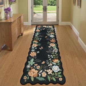 Hedlive Scalloped Washable Runner Rug, Ultra-Thin 2.6x8 Floral Runners for Hallways, Soft Bathroom Runner Rug Non Slip Carpet Runners for Kitchen Laundry Bedroom (2'6"x8', Black/Grey)