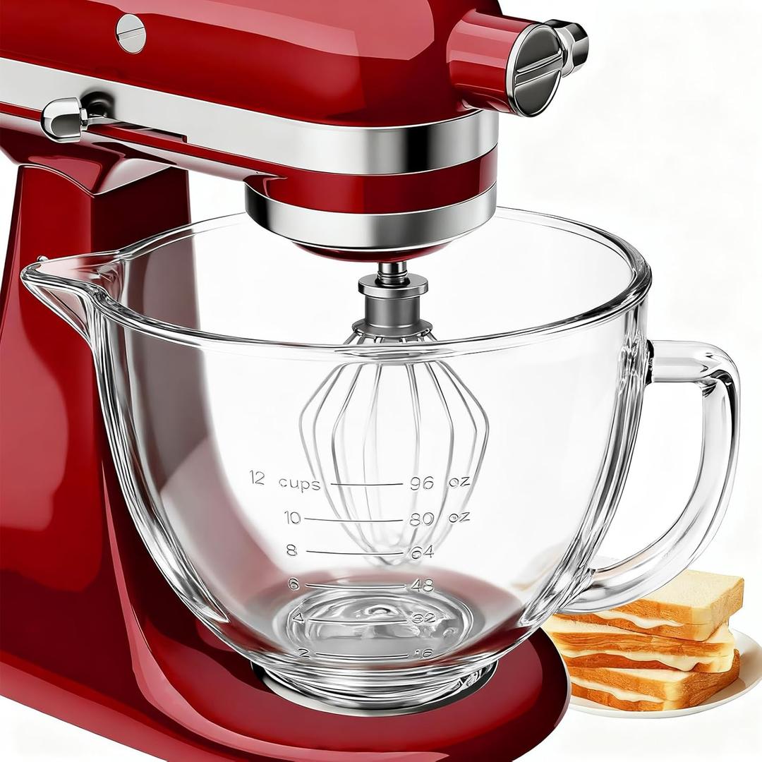 Double-layer Thickened Glass Mixer Bowl For Kitchenaid Tilt-Head Stand Mixers 4.5-5 Quart, 5Qt Mixing Bowl Replacement For Kitchenaid with Measurement Markings & Handle