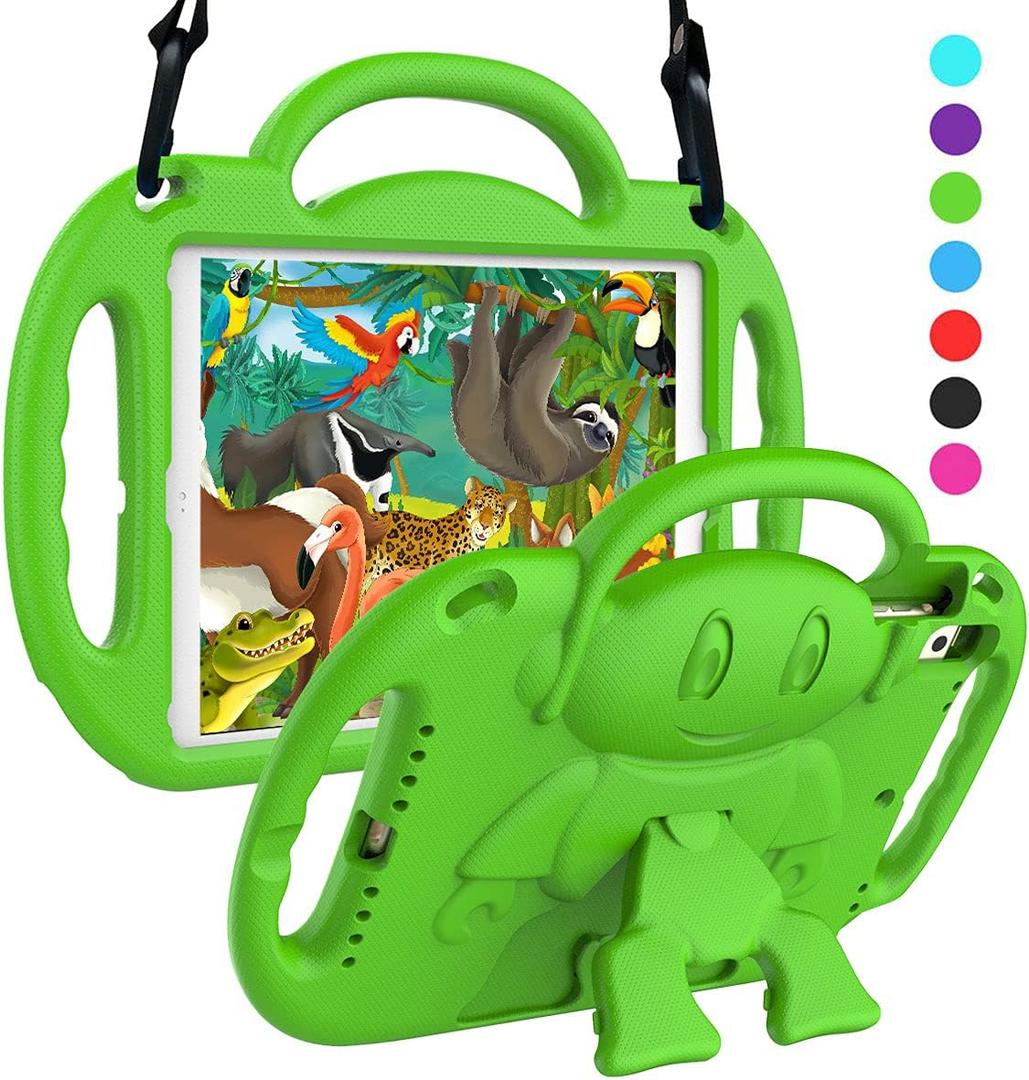 SUPLIK Kids Case for iPad 5th/6th Generation (9.7 inch, 2017/2018), iPad Air 1 & Air 2 & Pro 9.7 Protective Case with Shoulder Strap Handle Stand for iPad 5/6 & iPad Air 1st/2nd Gen, Green