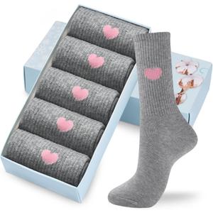 Corlap Women's Cute Cotton Crew Athletic Running Socks - Ankle High, Novelty Fun Heart Design 5-Pairs (Gift Box)