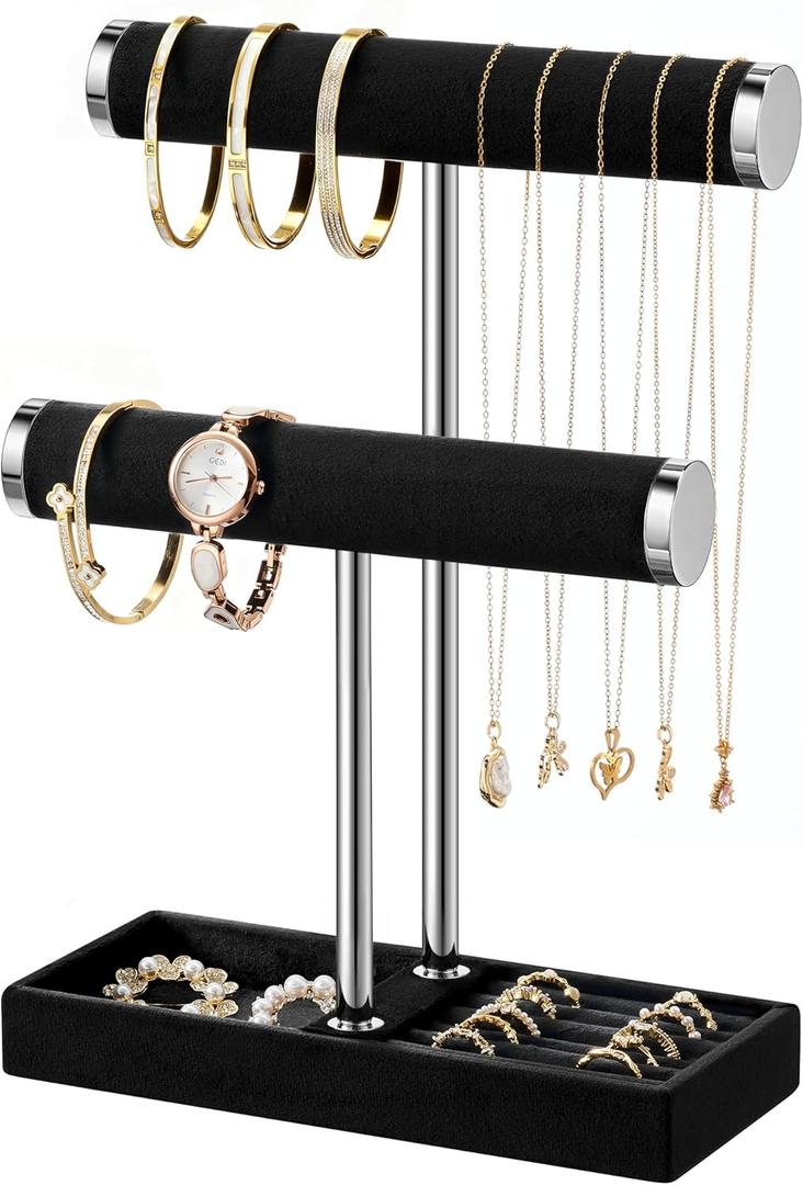 bussdis 2 Tier Bracelet Holder Display - Detachable T Bar Black and Silver Velvet Bracelet Holder, Jewelry Holder Organizer for Bracelet, Necklace, Earrings, Rings