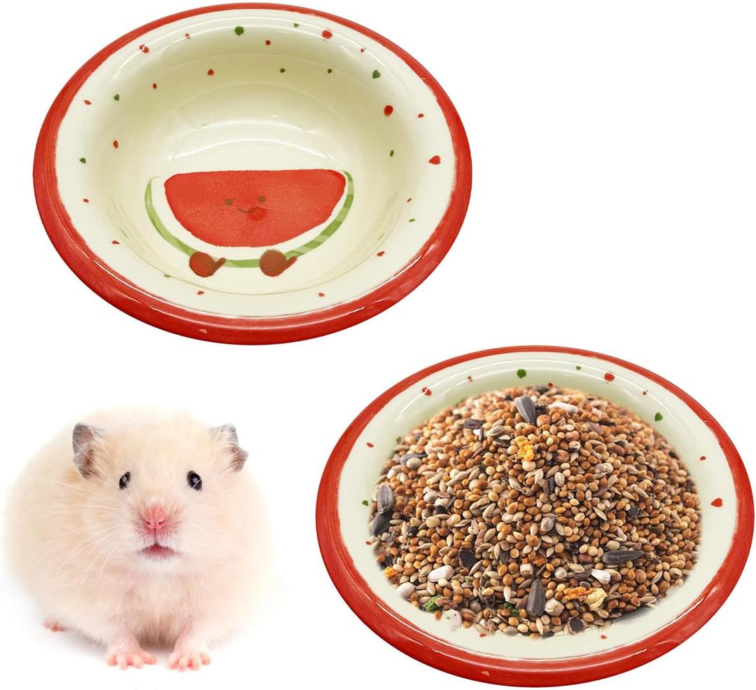 kathson Hamster Ceramic Food Bowl Small Animal Bowls with Watermelon Pattern for Cage Guinea Pig Anti-Turning Food and Water Dish Pet Feeder for Gerbil Hedgehog 2PCS