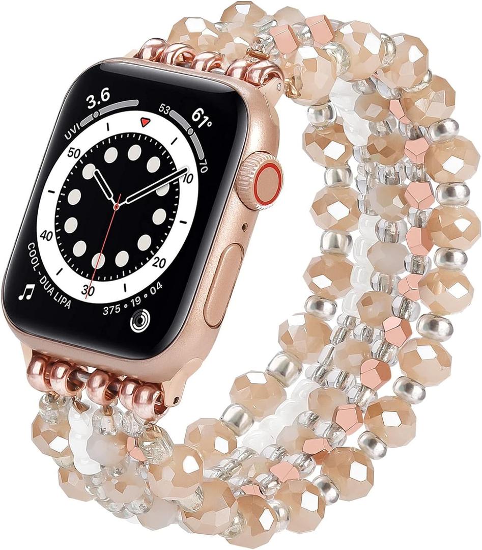 VISOOM Beaded Bracelet Compatible for Apple Watch Band 40mm/38mm/41mm Series 7 SE Series 6/5/4 Women Fashion Cute Handmade Stretchy Watch Strap for iWatch Bands Series 3/2/1 Replacement (Rose Gold)