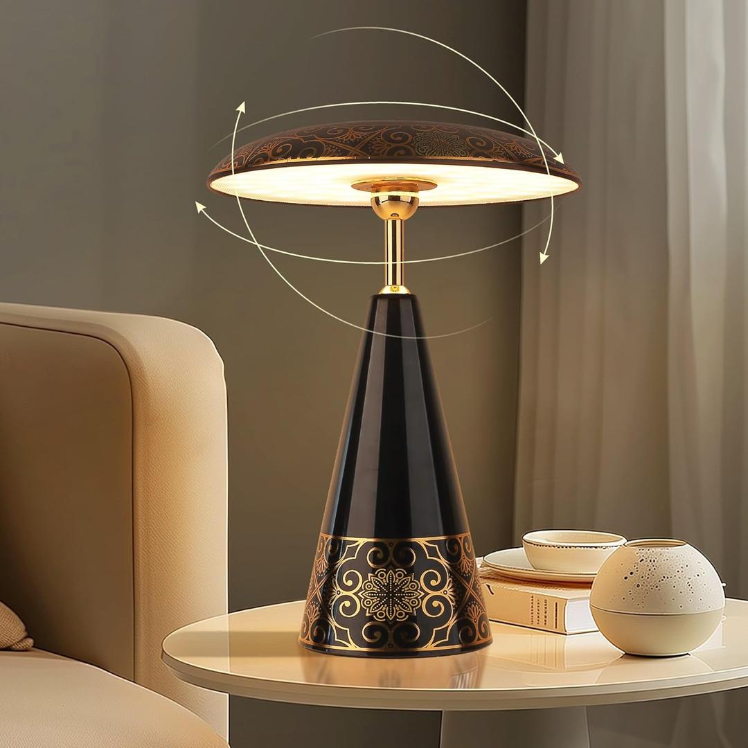 Marrakech Rechargeable Cordless Touch Table Lamp, Portable Dimmable Wireless Desk Lamp, Retro Magnetic LED Nightlight Lamp with 360 Rotating Shade, 3-Color Light, Type-C Charging (Black)