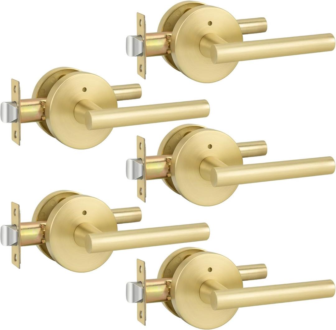 Goldenwarm Gold Privacy Door Handle, Heavy Duty Zinc Alloy Interior Door Handles, Interior Brushed Gold Door Lever for Bedroom, Bathroom, 5 Pack