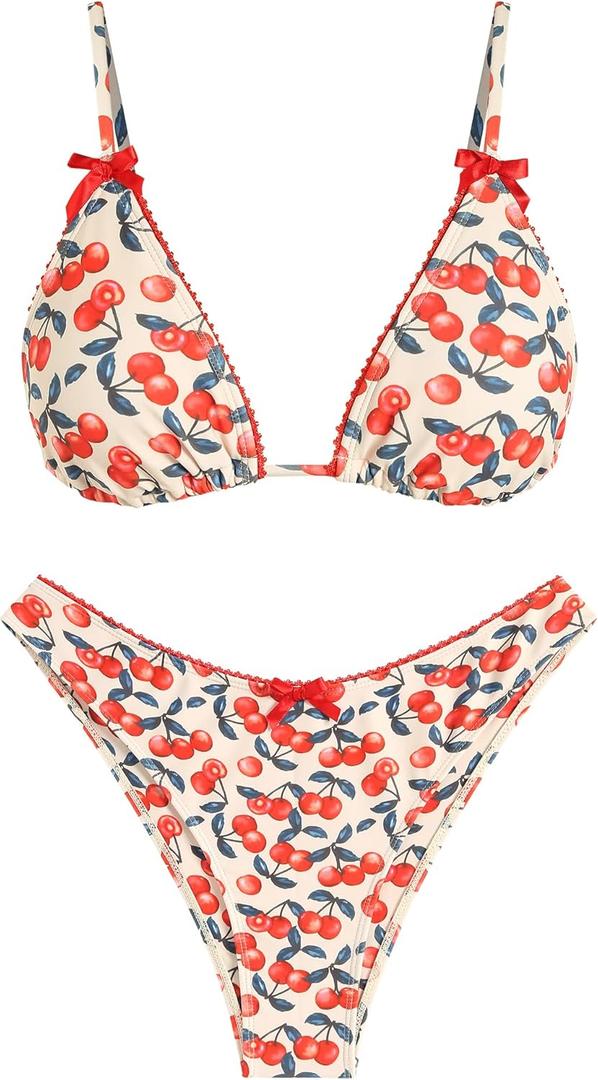 ZAFUL Women's String Triangle Bikini Sets Sexy Triangle Textured Tied High Cut Swimsuit Brazilian 2 Piece Bathing Suit (Floal Cherry) S