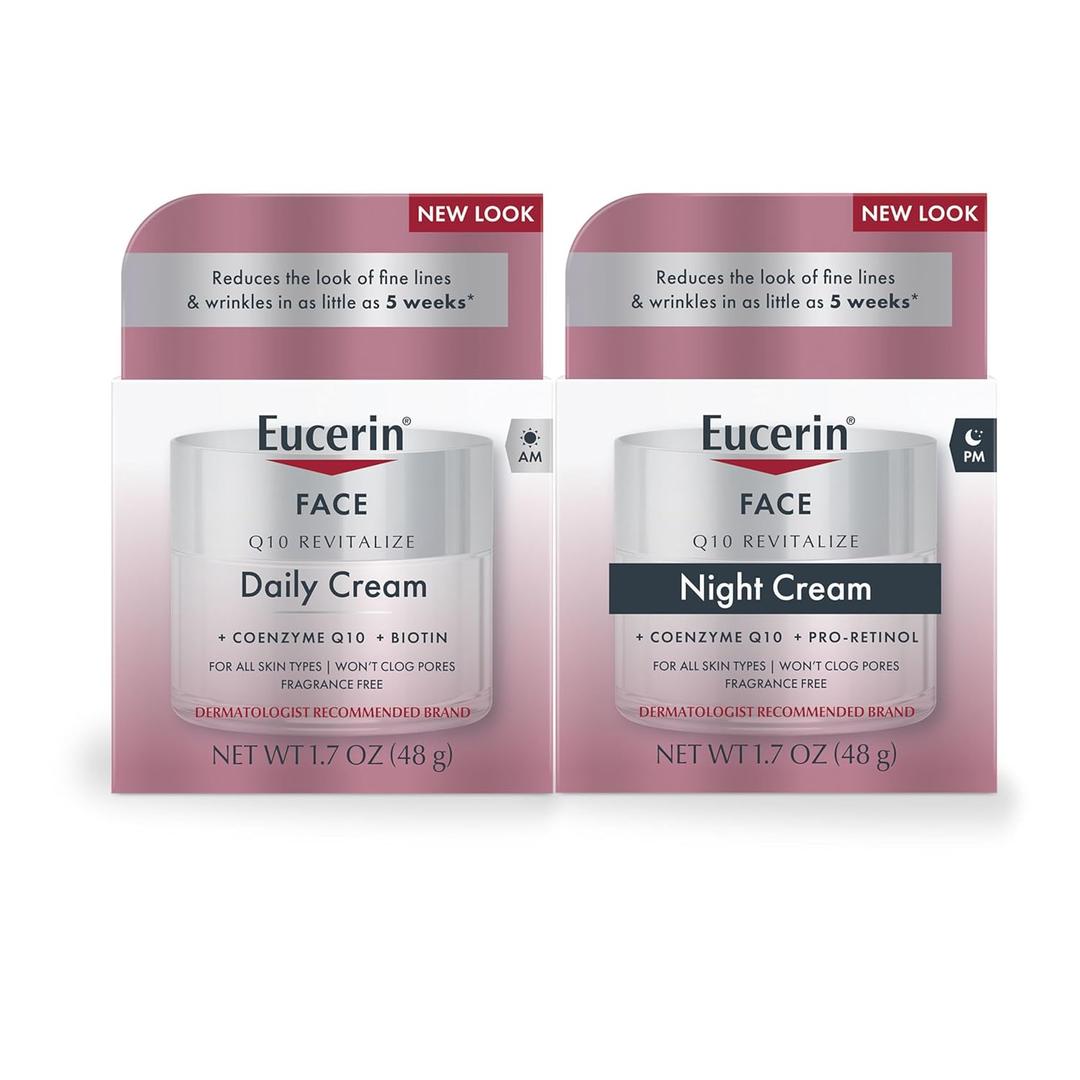 Eucerin Q10 Skin Care Set, Anti Wrinkle Daily Face Cream with Biotin (1.7 Oz) + Anti Wrinkle Night Cream with Pro-Retinol (1.7 Oz), Fragrance Free Face Moisturizer for All Skin Types