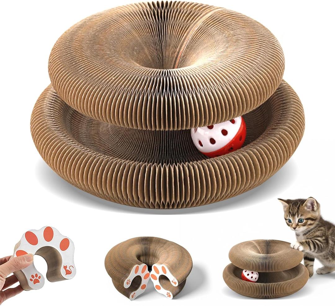 Kitty Curls Cat Scratcher Toy, Magic Organ Foldable Cat Scratching Board for Indoor Cats Reduce Boredom, Interactive Toys with Bells for Kitten Play Exercise Anxiety Relief (Brown, 1 Pack)