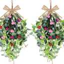 2 Pack Valentines Wreaths for Front Door 22'' Valentines Teardrop Swag Pink and Red Hearts with Linen Ribbon for Valentine's Day Anniversary Wedding Decor Eucalyptus Wreath
