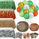 Jerify 169 Pieces Jungle Safari Zoo Animal Print Birthday Party Supplies Including Paper Plates Leopard Giraffe Cups Napkins Jungle Tablecloth Cheetah Table Cover Balloons Spoons Fork Party Decoration