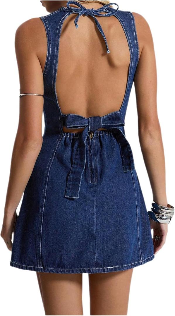 Floerns Women's Y2k Mini Denim Dress Bow Tie Open Back Sleeveless Going Out Tank Dresses Blue Large