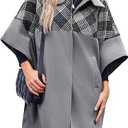 Tankaneo Womens Oversized Plaid Pea Coat Winter Casual Mid Length Cape Poncho Jackets with Pockets, Size M