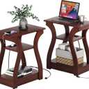 FROMJBEST End Tables Living Room Set of 2,Cherry End Table with Charging Station,Side Table, Nightstand for Bedroom, 3 Tier End Table with Storage Shelf for Living Room(Cherry)