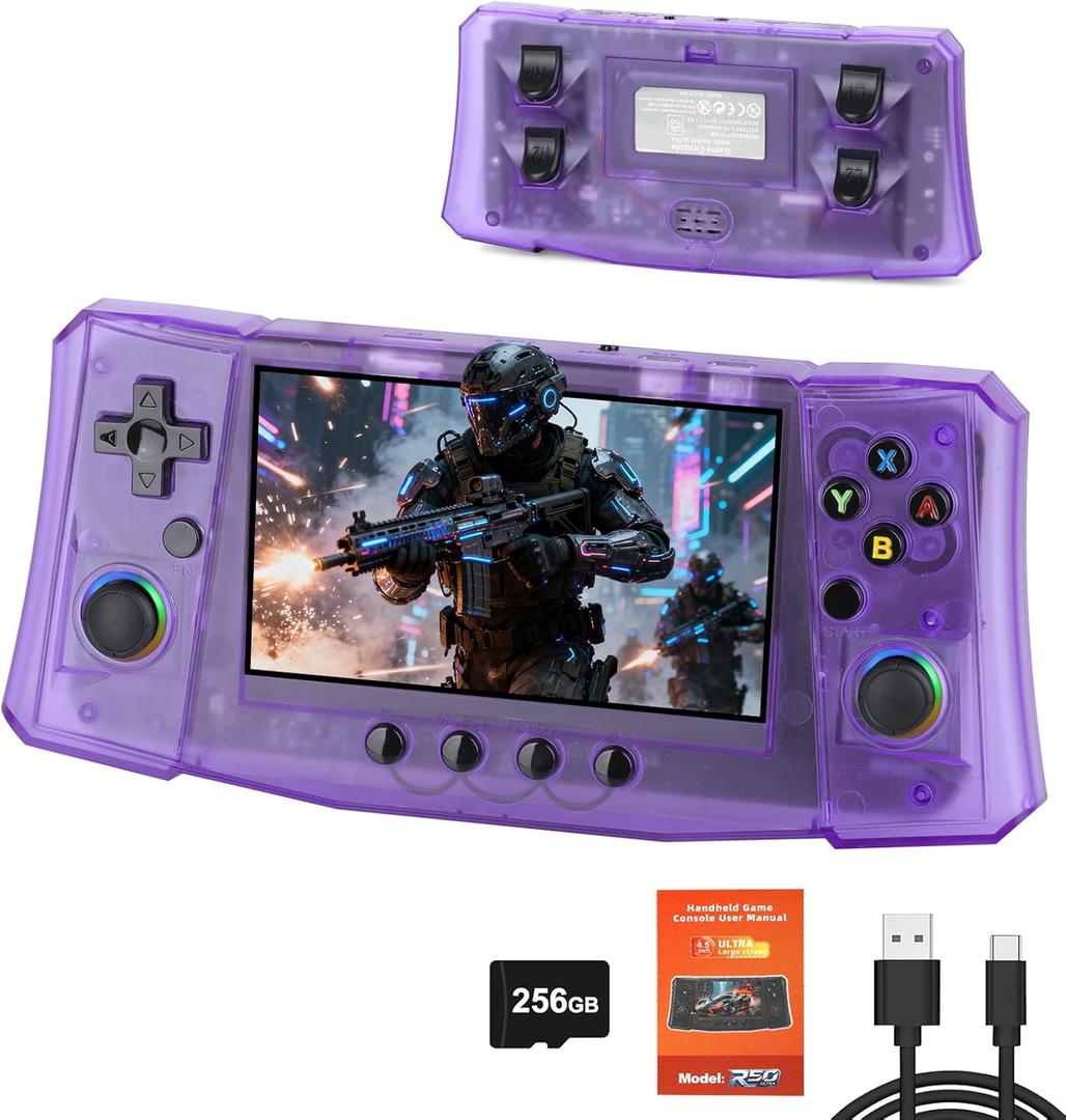 2025 New R50 Retro Handheld Game Console, 50000 Preloaded Games, 256GB Expandable Storage, 4.5 Inch IPS HD Screen, Portable Gaming Device with Long Battery Life (Purple)