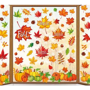 Whaline 9 Sheet Fall Maple Leaves Window Clings Pumpkin Double-Sided Window Decals for Fall Autumn Thanksgiving Harvest Home School Office Accessories Party Supplies Gifts Pack of 3