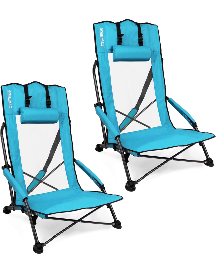 SPORT BEATS Low Beach Chairs Set of 2 Folding Beach Chairs High Back Support with Head Pillows Shoulder Straps SPORT BEATS Low Beach Chairs Set of 2 Folding Beach Chairs High Back Support with Head Pillows Shoulder Straps
