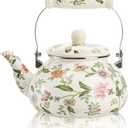 Enamel Teapot floral,Large Porcelain Enameled Teakettle,Colorful Water Tea Kettle pot for Stovetop,Small Retro Classic Design (style01 Growing)