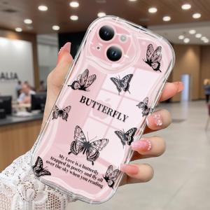 Compatible for iPhone 15 Case, Pretty Butterfly Print Three-Dimensional Wave Clear Case for Girls Women, Soft Full Package Anti-Fall Cover for iPhone 15, Shadow Dance Black