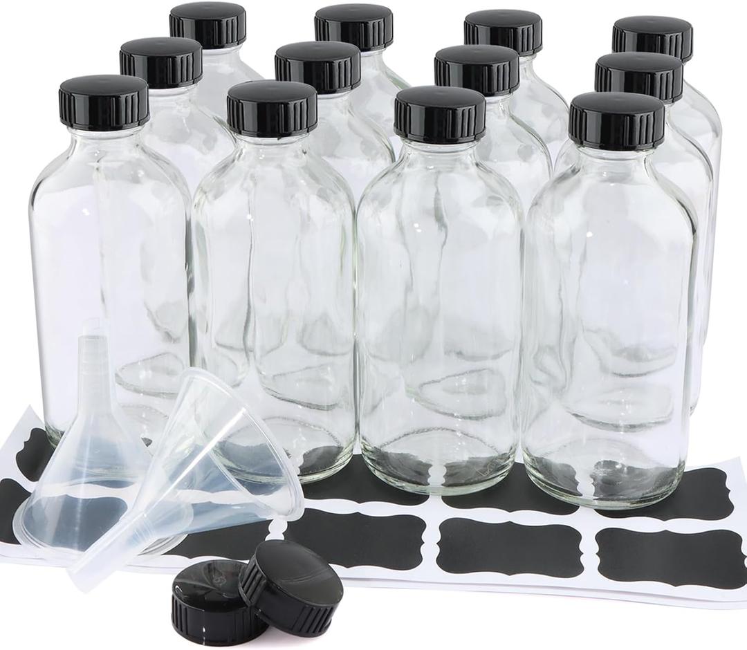 PINIWON 12 Pack 8 oz Clear Glass Bottles, 240ml Boston Round Sample Bottles with Black Poly Cone Caps, Labels and Funnels