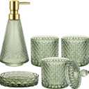 Green Bathroom Accessory Set, 5Pcs Bathroom Soap Dispenser Set, Green Glass Bathroom Accessory Set with Lotion Dispenser, Soap Dish, Toothbrush Holder, Tumbler, Cotton Swab Jars
