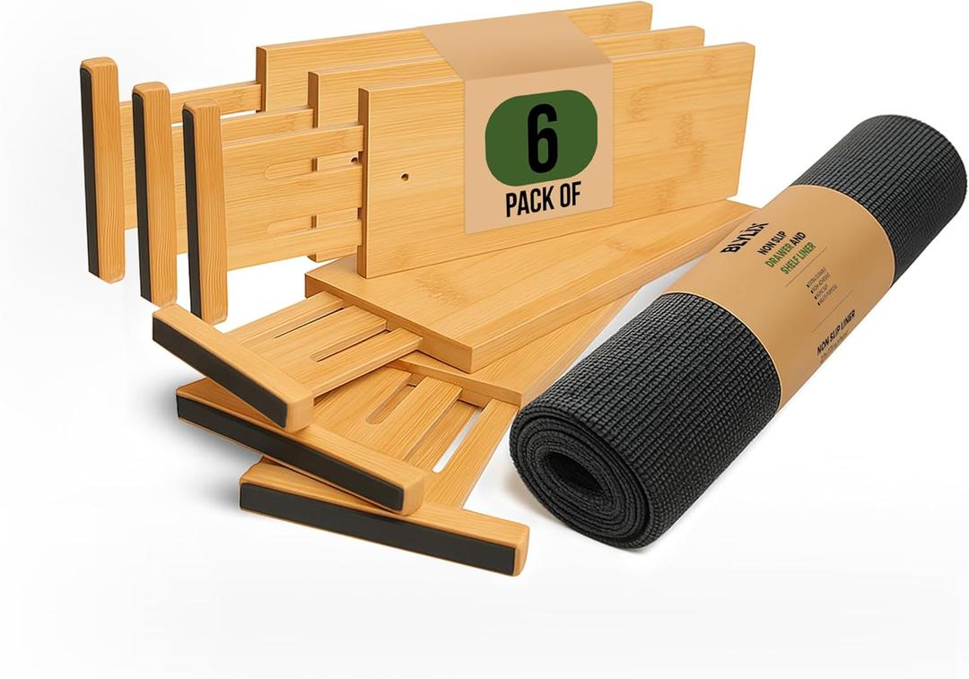 Adjustable Bamboo Drawer Dividers 6 Pack, Expandable Drawer Organizer for Kitchen, Bedroom, Bathroom and Dresser, Each Divider Expands from 12" to 17.5" Height 4.5  Free Mat Included in Package.