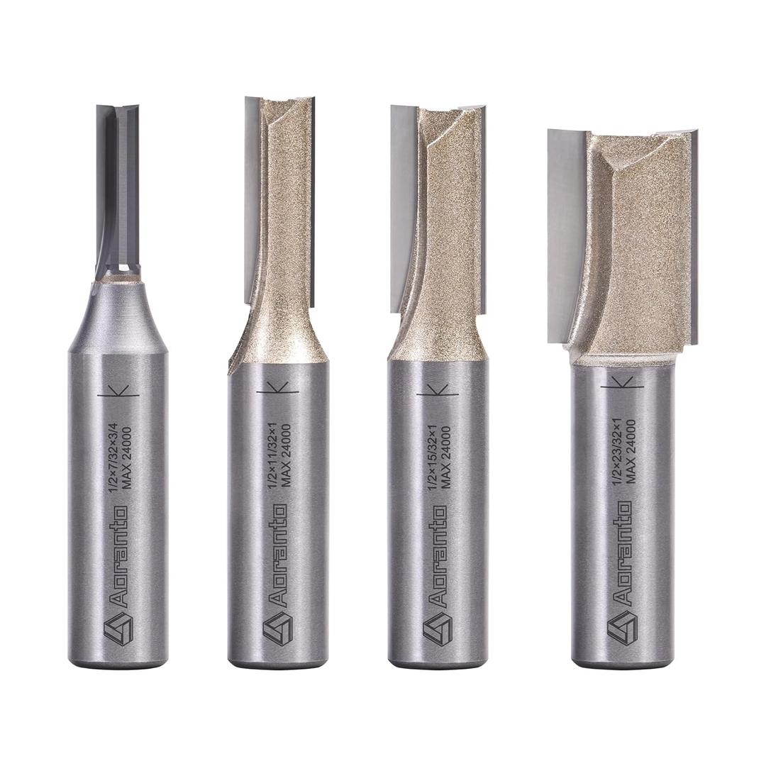 4 Pieces Undersize Plywood Dado Bits 1/2" Shank, Straight Router Bits Cutting Diameter: 7/32", 11/32", 15/32", 23/32", Useful for Routing Accurate Grooves in Undersized Plywood