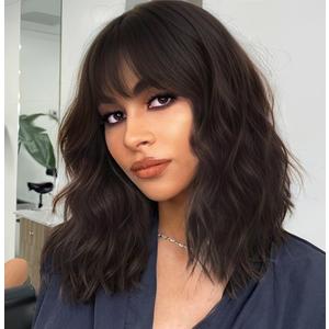 AISI HAIR Natural Brown Synthetic Curly Wavy Bob Wig with Bangs for Women, 21-23 Inches