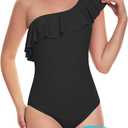 Beautikini Period Swimwear One Piece Menstrual Leakproof Swimsuit One Shoulder Ruffle Bathing Suits for Girls Teens (Black, L)