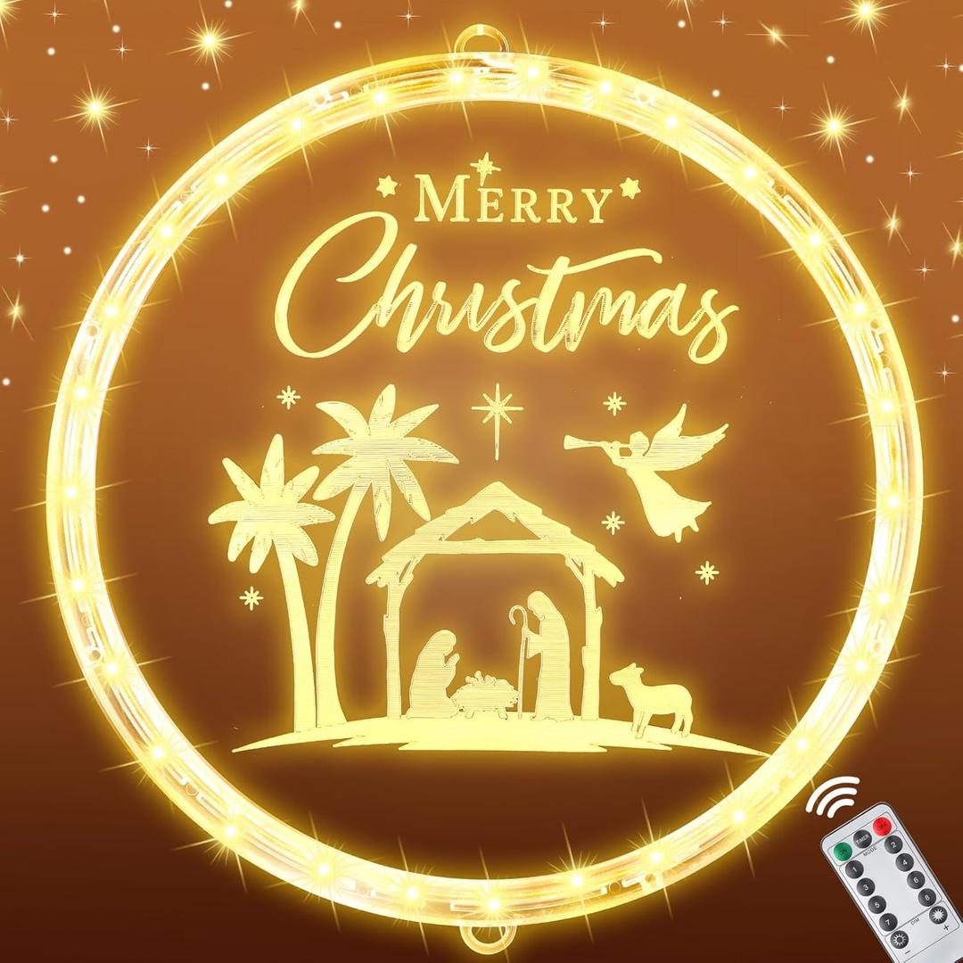 9.45 Inch Christmas Decorative Window Lights with Remote Timer USB Powered Nativity Scene Hanging Lights Xmas Silhouette Nativity Window Decor Indoor Christian Jesus Religious Sign