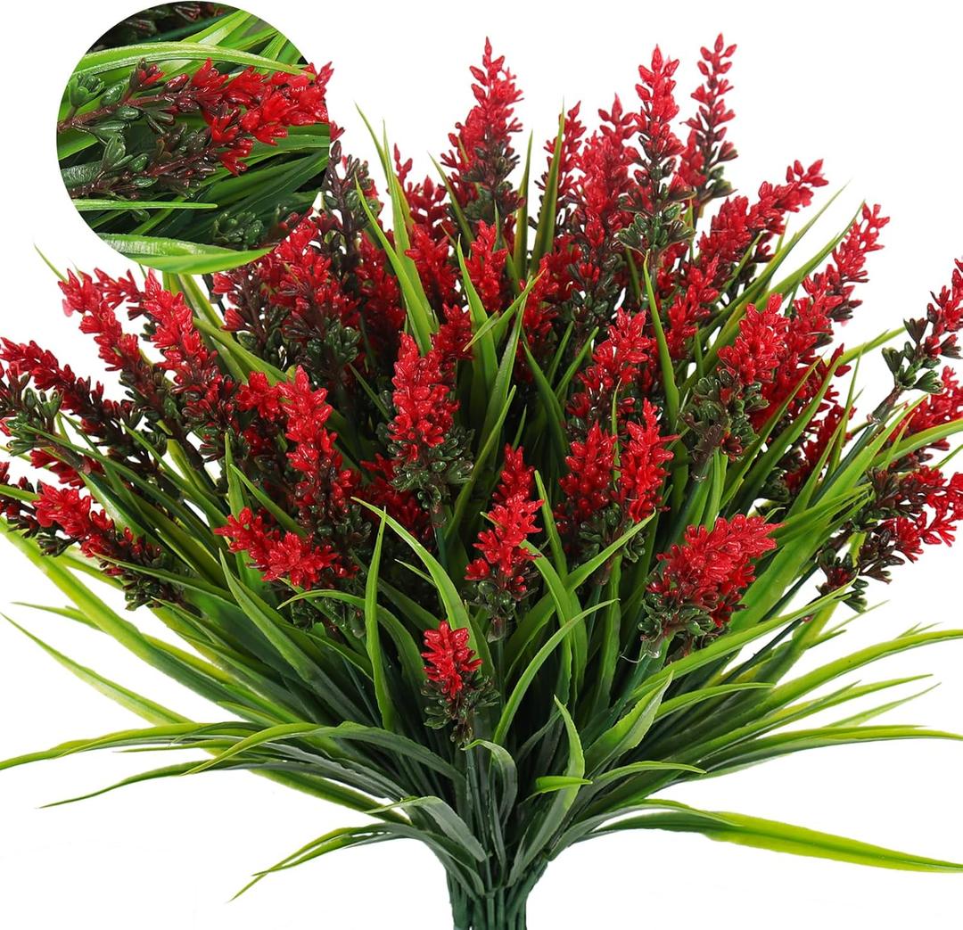 RECUTMS Fake Grass Plant,Fake Plants Outdoor, Artificial Grass, UV Resistant Fake Bushes Plastic Artificial Greenery Shrubs, Faux Greenery for House Garden Patio Front Porch Indoor Decor(Red)