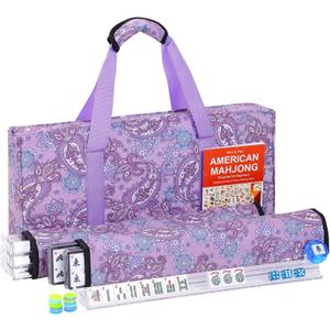 American Mahjong Tile Set, 166 White Tiles Mahjong Set, 4 Transparent All-in-One Racks/Pushers, Complete Game Set with Purple Printed Carrying Bag