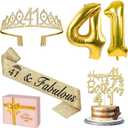 41st Birthday Decorations for Women Gold with 41st Birthday Sash and Tiara, Cake Topper and Candles, Number Balloons, 41 Year Old Gifts for Women