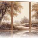 Rantodecor Vintage Landscape Framed Canvas Wall Art Triptych, Rustic Tree Sketch Wall Decor, Large Claming Nature Forest Art Paintings, Modern Relax Farmhouse Artwork for Bedroom Living Room 16"x24"x3, 24"x16"