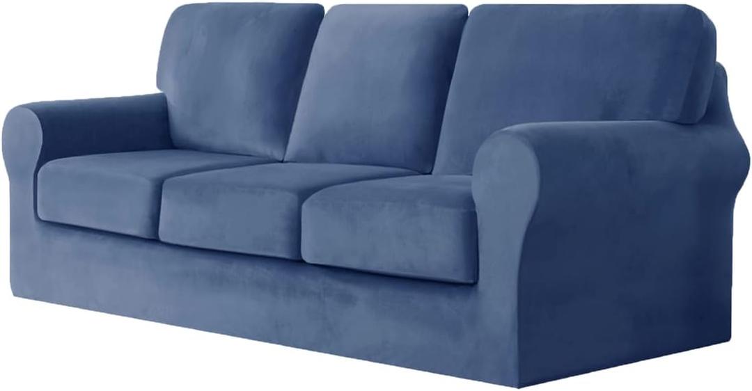 vctops 7 Pieces Velvet Stretch Sofa Cover for 3 Seater Couch Soft Washable Sofa Slipcover with Individual Backrest and Cushion Covers for Kids Cats Dogs (ST Blue,3 Seat)