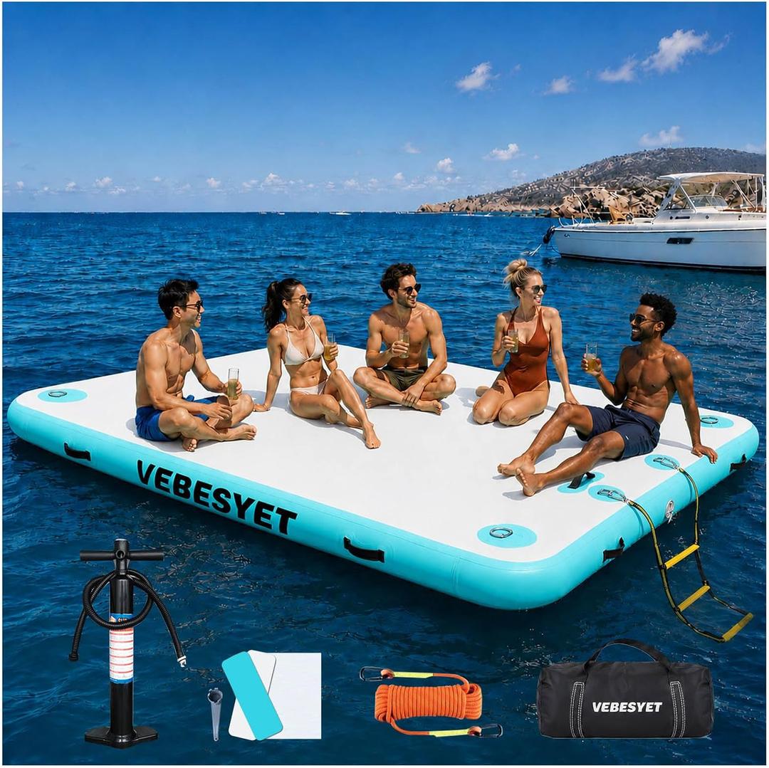 Inflatable Floating Dock Platform with Soft Ladder | 6-inch reinforced PVC dock with soft ladder, pump and repair kit; stable for lake, ocean, swimming, fishing and pets