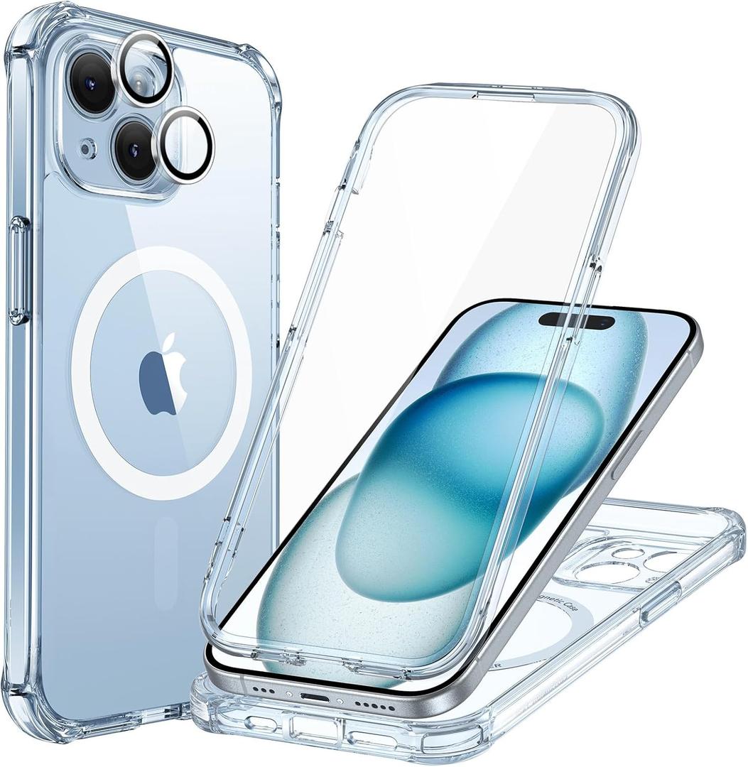 ESR for iPhone 15 Case, Compatible with MagSafe, Full-Body Military-Grade Drop Proof Case with Built-in 9H+ Tempered Glass Screen Protector, Armor Series, Clear Blue
