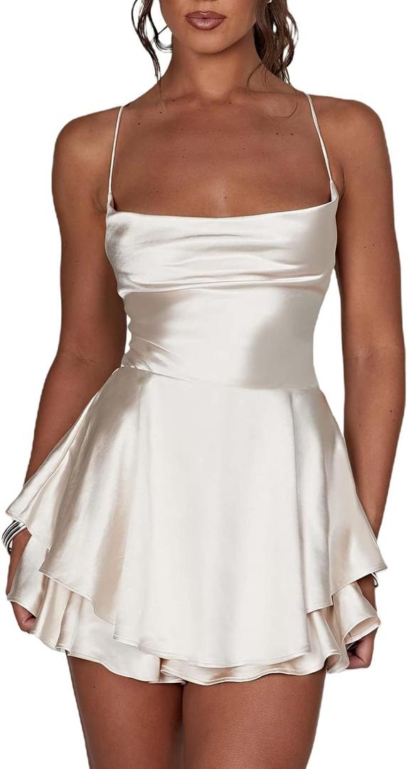 Women's Sexy Satin Mini Dress Sleeveless Tie Backless Cowl Neck Cocktail Party Silk Mini Cami Dress (Champagne), Small